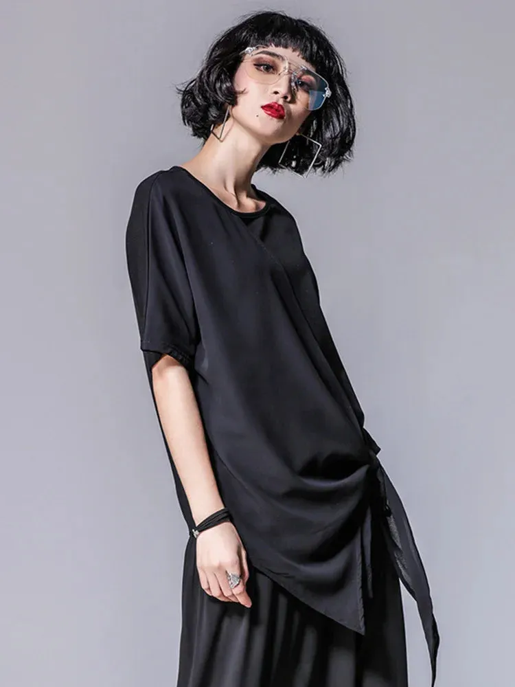 TEEK - Black Asymmetric Pleated Knit Shirt