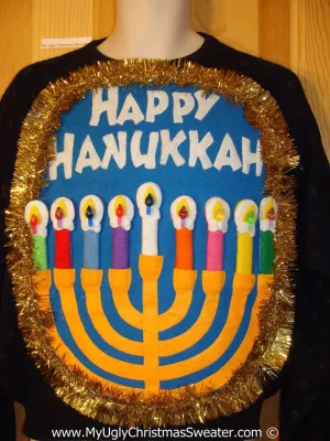 Ugly Christmas Sweater Party Hanukkah Sweater Mens with Menorah (j245)