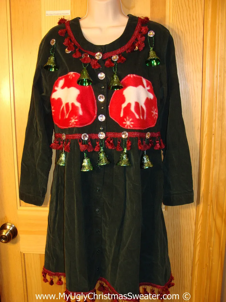 Ugly Christmas Sweater Party Tacky Dress Reindeer and Fake Bells (d84)