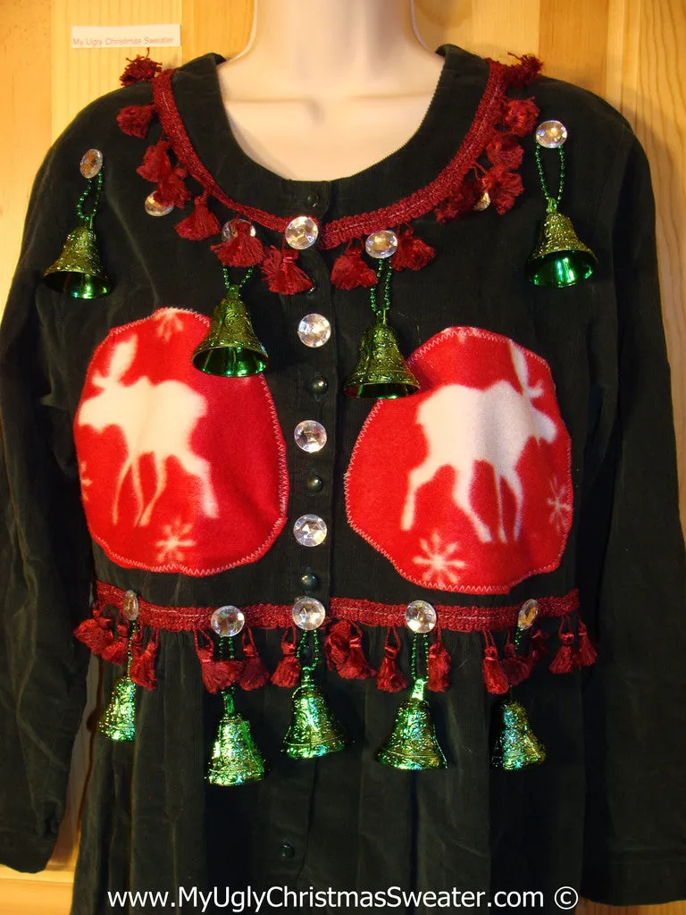 Ugly Christmas Sweater Party Tacky Dress Reindeer and Fake Bells (d84)