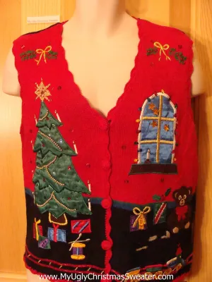 Ugly Christmas Sweater Vest Satin Tree and Windo