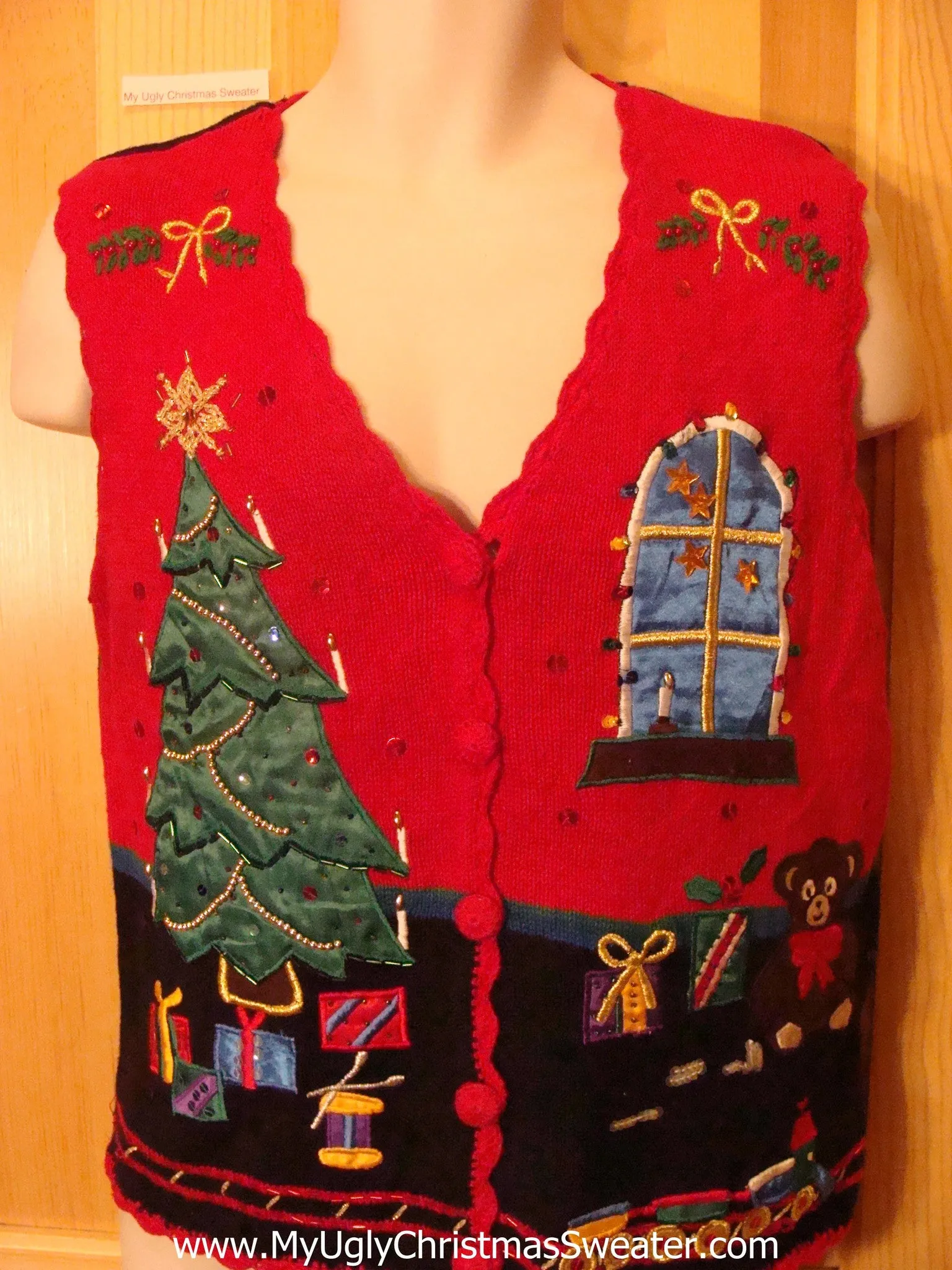 Ugly Christmas Sweater Vest Satin Tree and Windo
