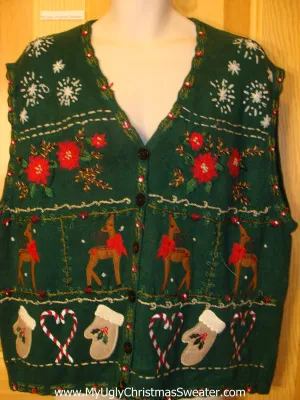Ugly Christmas Sweater Vest with Reindeer, Poinsettias