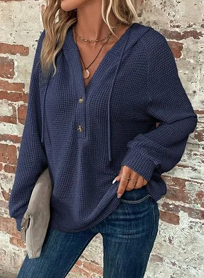 Waffle Knit Drawstring Button Hoodie