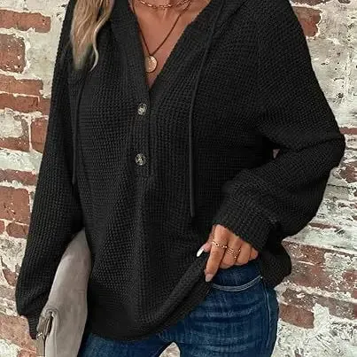 Waffle Knit Drawstring Button Hoodie