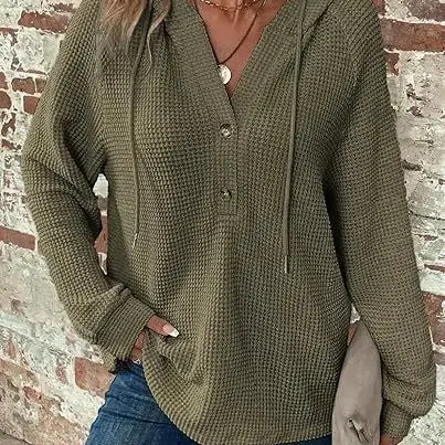 Waffle Knit Drawstring Button Hoodie