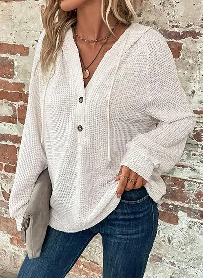 Waffle Knit Drawstring Button Hoodie
