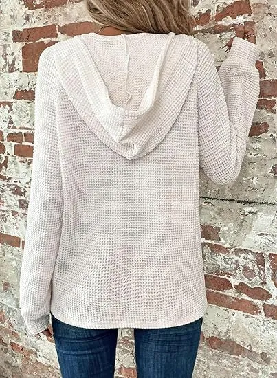 Waffle Knit Drawstring Button Hoodie