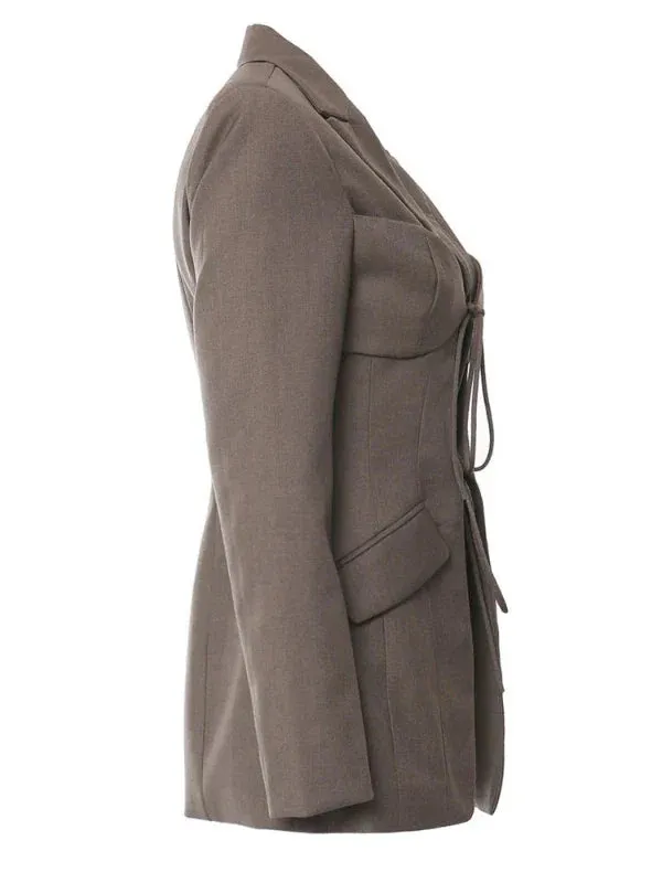 Wenkouban-Winter outfits Christmas Black Friday Notched Collar Front Bow Tie-Up Brown Blazer Jacket