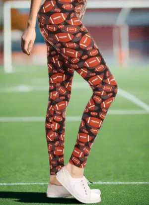 Womens Football Thanksgiving Leggings, Soft Yoga Pants, Sizes 0-10, No-Roll Waist, Brown/Black