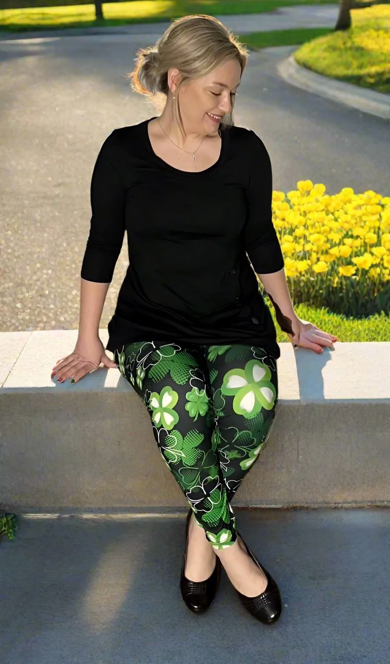 Womens Shamrock Leggings, St. Patrick Day Leggings, Soft Yoga Pants, Sizes OS/TC, Yoga Waist, Green/Black, Exclusive Leggings