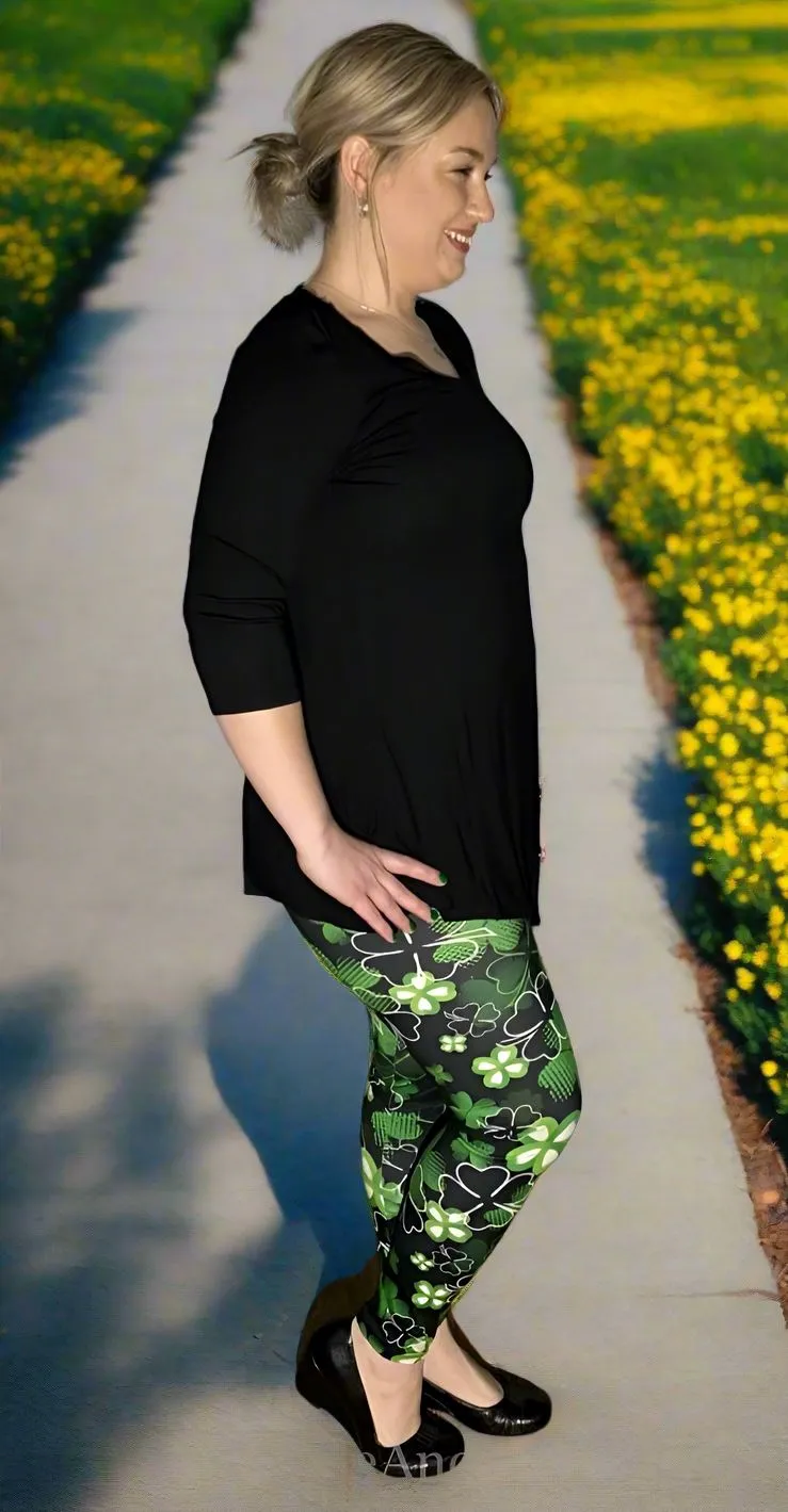 Womens Shamrock Leggings, St. Patrick Day Leggings, Soft Yoga Pants, Sizes OS/TC, Yoga Waist, Green/Black, Exclusive Leggings