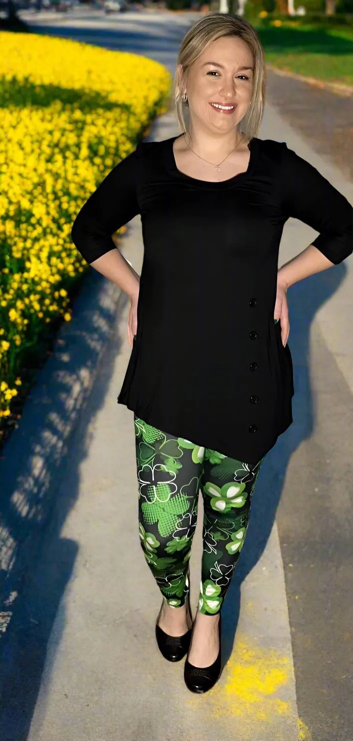 Womens Shamrock Leggings, St. Patrick Day Leggings, Soft Yoga Pants, Sizes OS/TC, Yoga Waist, Green/Black, Exclusive Leggings